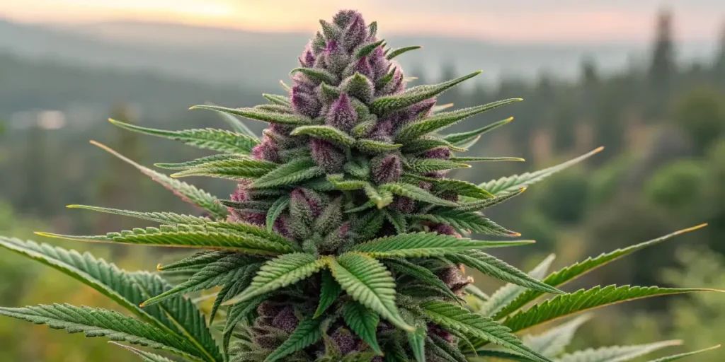 Vibrant purple cannabis bud glistening with trichomes in outdoor setting at sunset.
