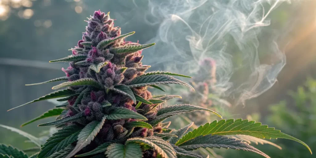 Purple cannabis buds surrounded by smoke, illuminated by sunlight during early morning hours.