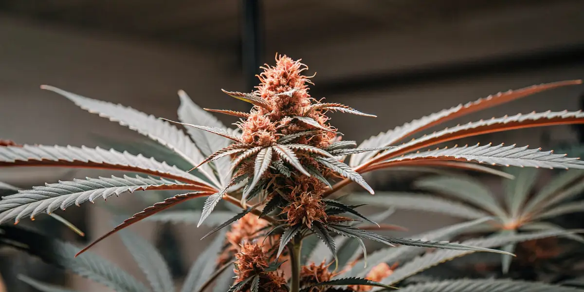 Close-up of mature cannabis plant with dense red-hued buds and sharp sugar leaves.