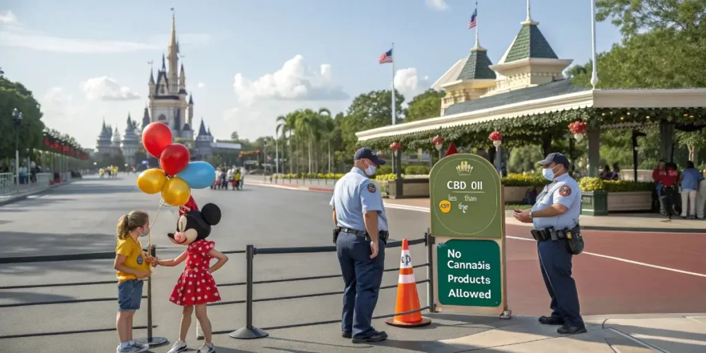 security checkpoint at disney entrance with no cannabis products allowed sign and cbd oil restriction
