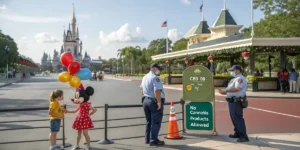 security checkpoint at disney entrance with no cannabis products allowed sign and cbd oil restriction