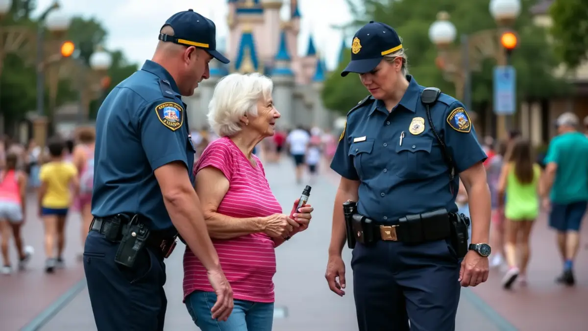 Two security officers speaking with a senior woman holding a CBD vape at Disney World.