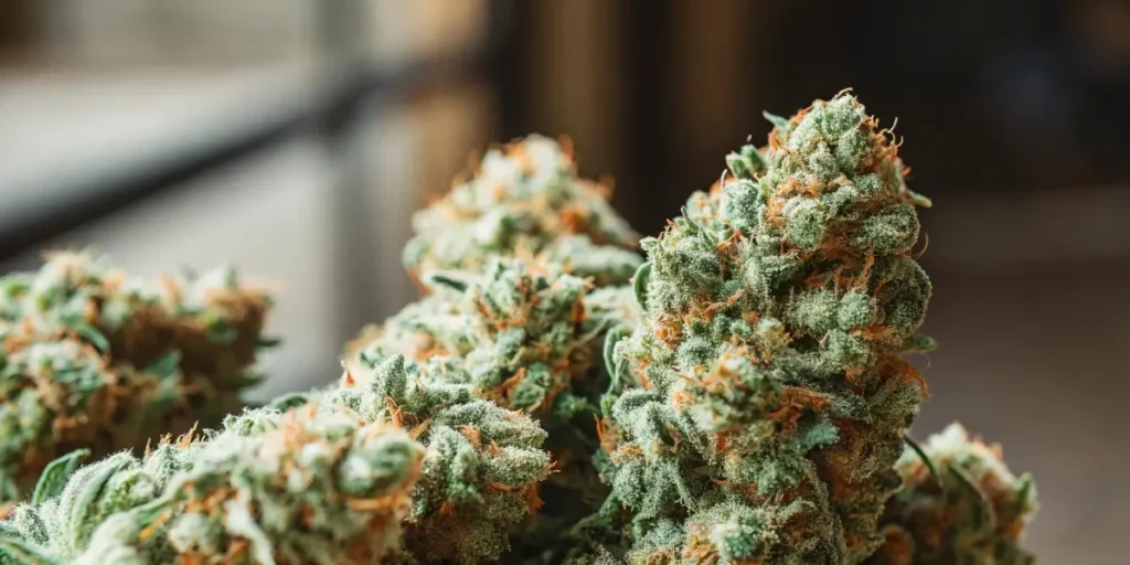 Frosty Zruntz cannabis buds with orange hairs and dense trichomes in close-up view.