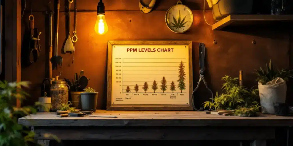 A detailed PPM levels chart displayed in a rustic cannabis grow setup, illustrating the ideal nutrient concentration for different growth phases of cannabis plants.