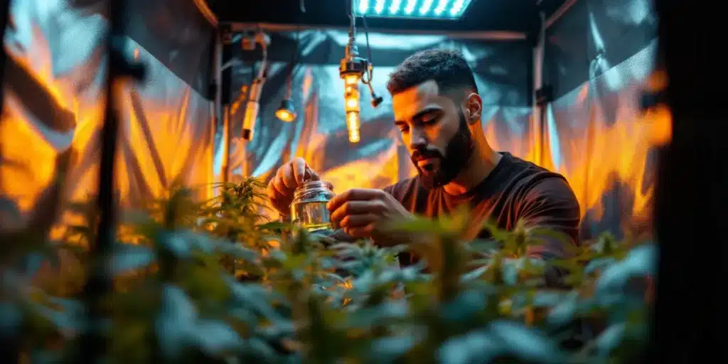 A grower carefully measures PPM levels in a cannabis grow tent under warm lighting, ensuring optimal nutrient absorption for healthy plant development.