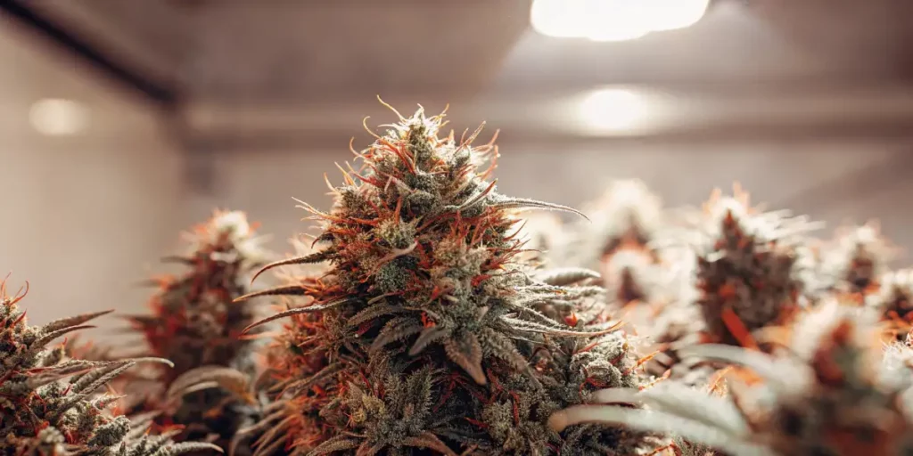 AK-47 cannabis flower with frosty trichomes and vibrant orange pistils, thriving under artificial lighting in a controlled indoor environment.