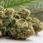 AK47 cannabis buds with frosty trichomes and orange pistils on a white surface with pine needles in the background.