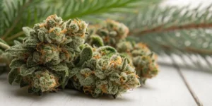 AK47 cannabis buds with frosty trichomes and orange pistils on a white surface with pine needles in the background.