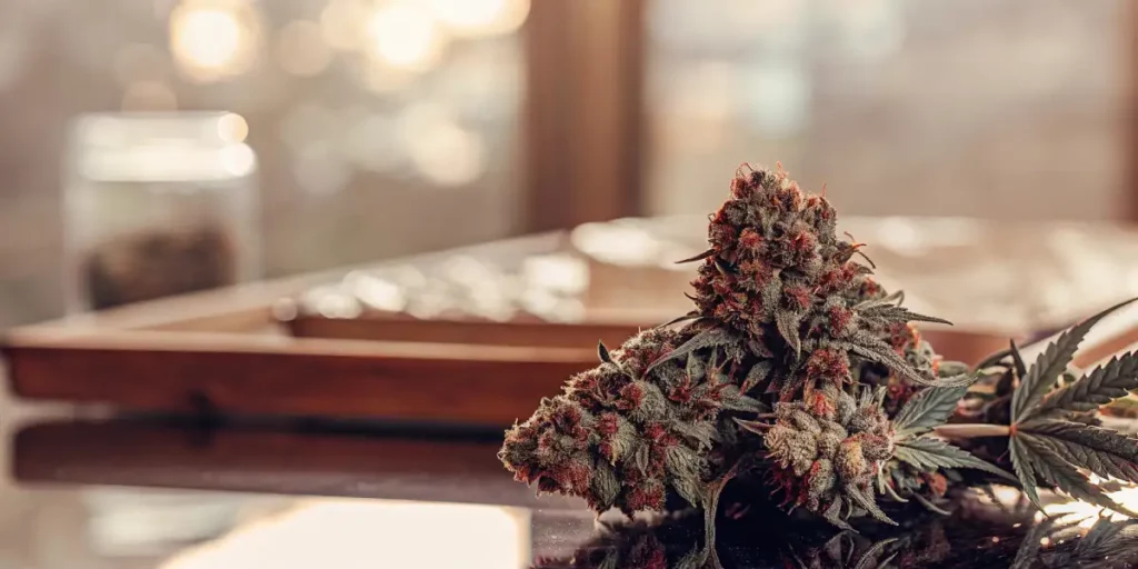 Amber Fire OG cannabis bud with deep red pistils and frosted green leaves on a reflective black surface.