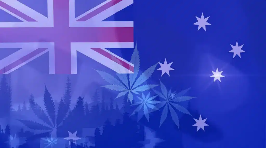 Australian flag with cannabis leaf graphics symbolizing the rejection of the cannabis legalization bill in 2023.