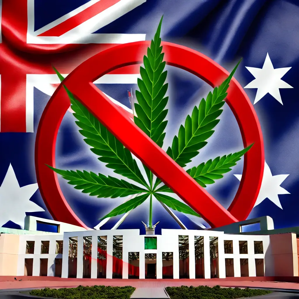 An artistic depiction featuring Australia's national flag, a cannabis leaf, and the Australian Senate building, all enclosed within a bold red prohibition symbol, symbolizing the rejection of cannabis legalization.