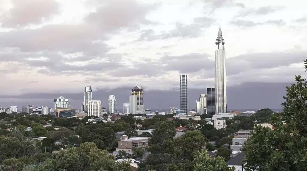 View of an Australian city skyline during the 2023 cannabis legalization debate rejection.