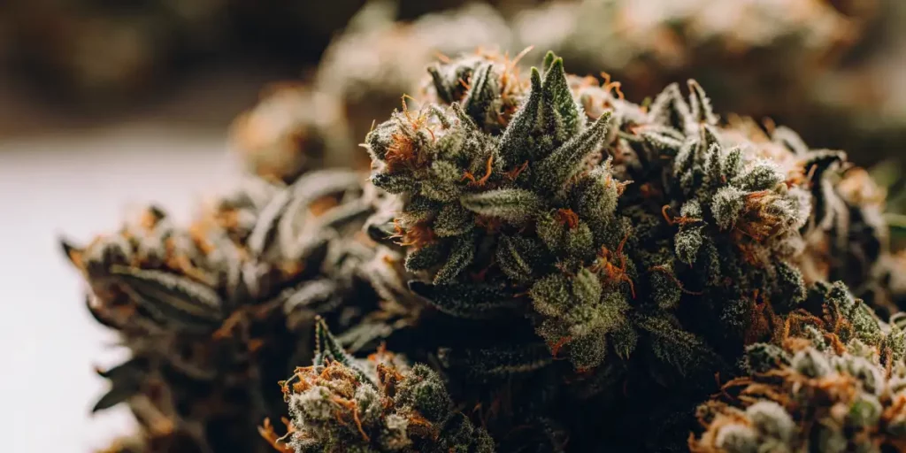 Close-up of Auto Purple cannabis strain with vibrant green buds and orange hairs.