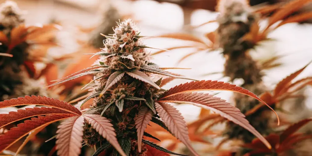 A cannabis flower with reddish leaves and frosty trichomes, illuminated under artificial grow lights in a controlled environment.