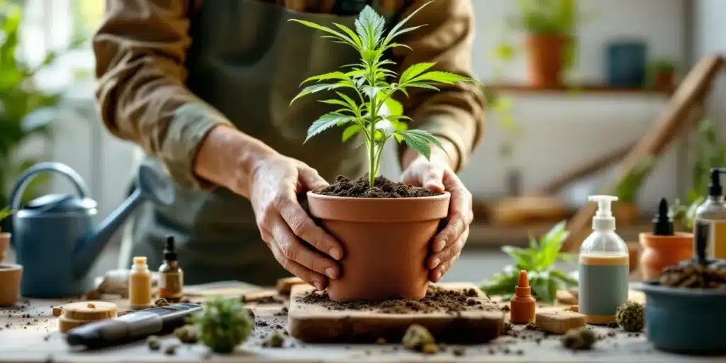 A person preparing a potted cannabis plant with organic fertilizers, showcasing the best quick source of nitrogen for cannabis cultivation.