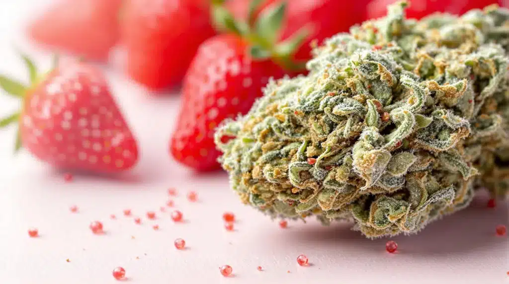 Cannabis bud with a fruity scent surrounded by strawberries, showing off its high-quality sativa traits.
