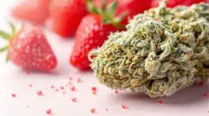 Cannabis bud with a fruity scent surrounded by strawberries, showing off its high-quality sativa traits.