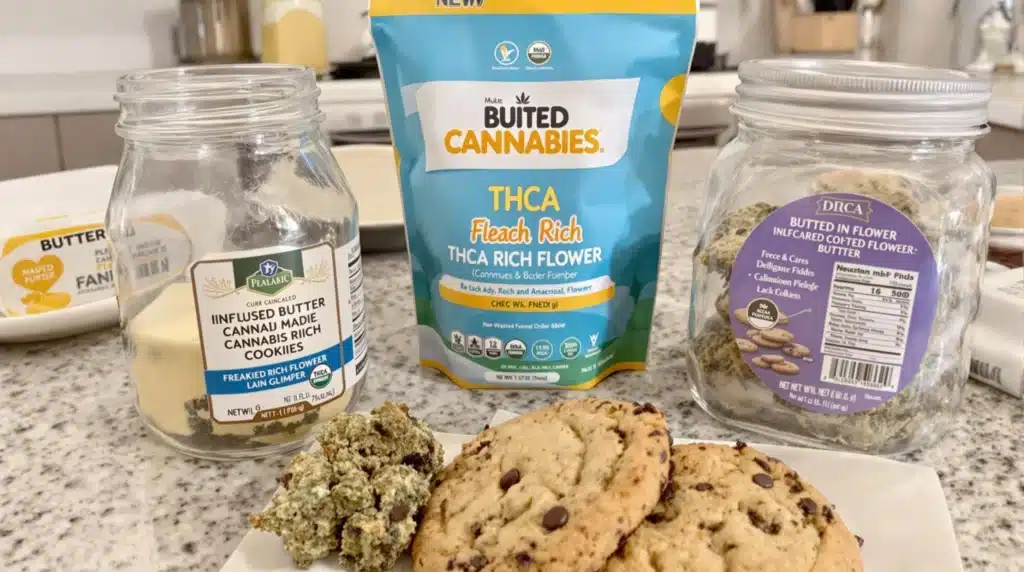 Kitchen setup with cannabis-infused butter, baked cookies, and THCA flower, demonstrating best ways to use THCA in edibles.