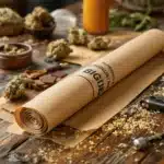 Close-up of a large big blunt wrap on a wooden table with cannabis buds, grinder, and rolling accessories in a warm, natural light setting.