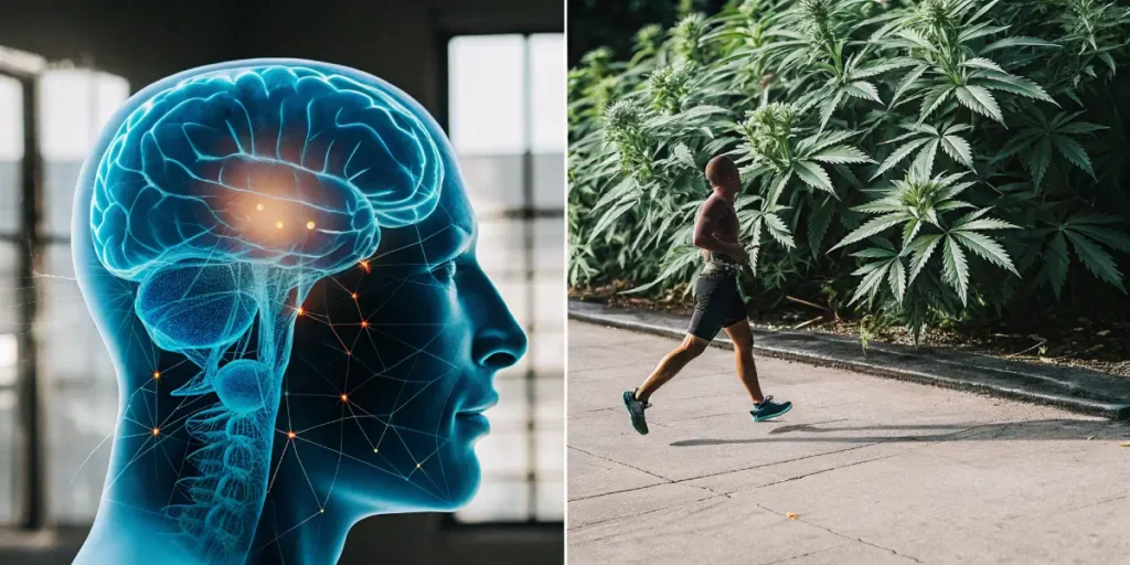 Hyper-realistic digital artwork: human head with glowing brain and neural networks (left), and a person running alongside cannabis plants (right).