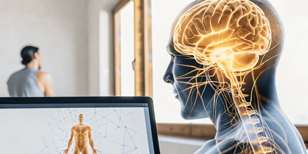 Hyper-realistic digital artwork: glowing human brain and nervous system in profile view, with a laptop displaying a human anatomical figure in the foreground, and a blurred person exercising in the background.