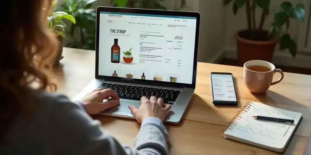 Person browsing an online store to buy marijuana clones with a laptop and smartphone displaying cannabis products.