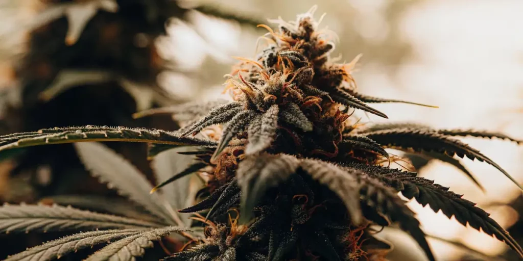 Close-up shot of cannabis buds with glistening trichomes in a greenhouse.