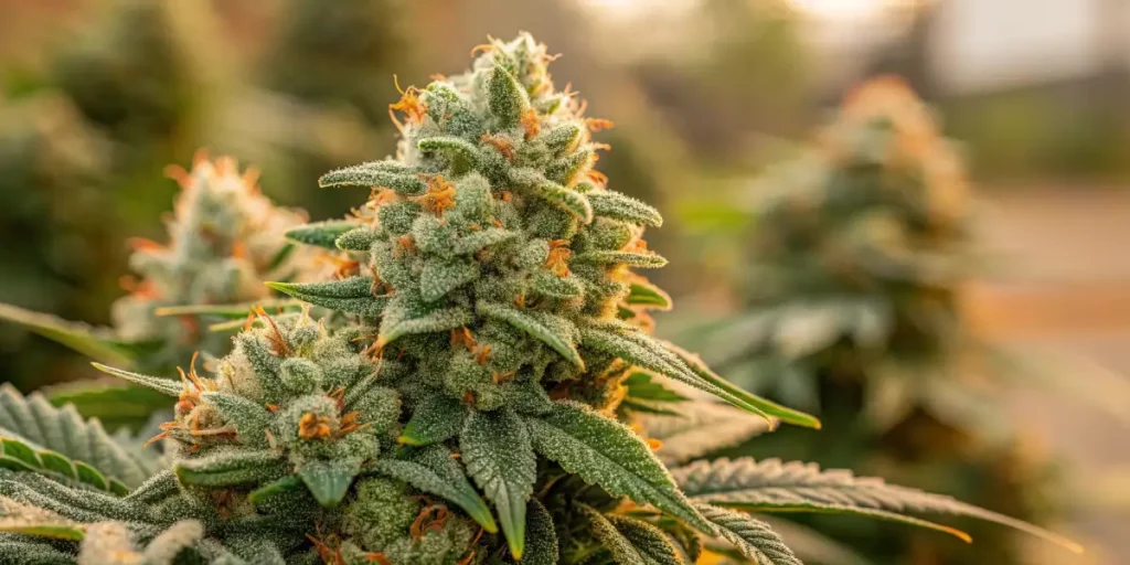 Cannabis bud in natural sunlight with fine trichomes and pistils glistening.