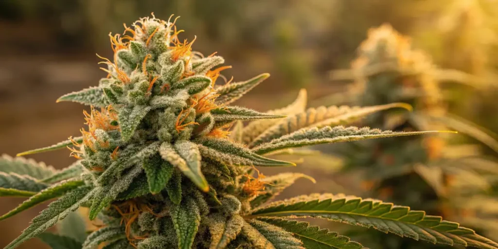 Cannabis buds with frosty trichomes and orange hairs glowing under warm golden light.