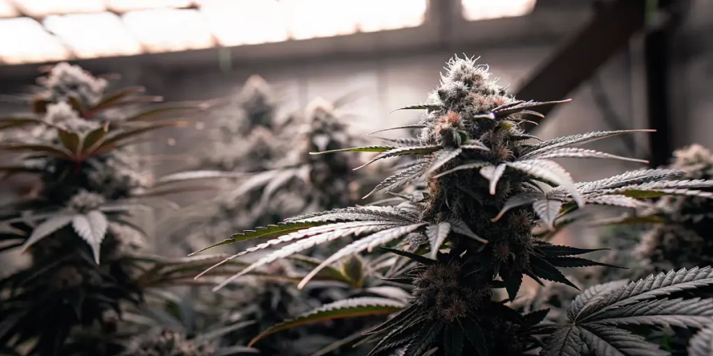 Close-up of cannabis buds with frosty trichomes under artificial grow lights in a greenhouse environment.