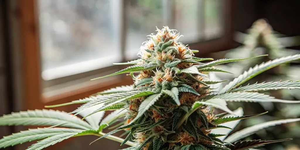 Cannabis buds with frosty trichomes and orange pistils illuminated by natural light.
