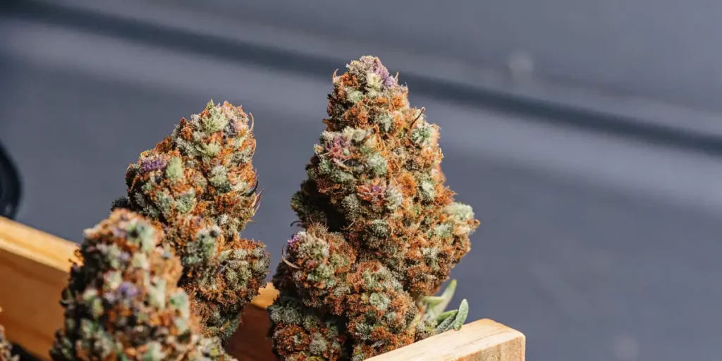 Two dense cannabis buds with purple hues, placed in a wooden tray, showing vibrant trichomes.