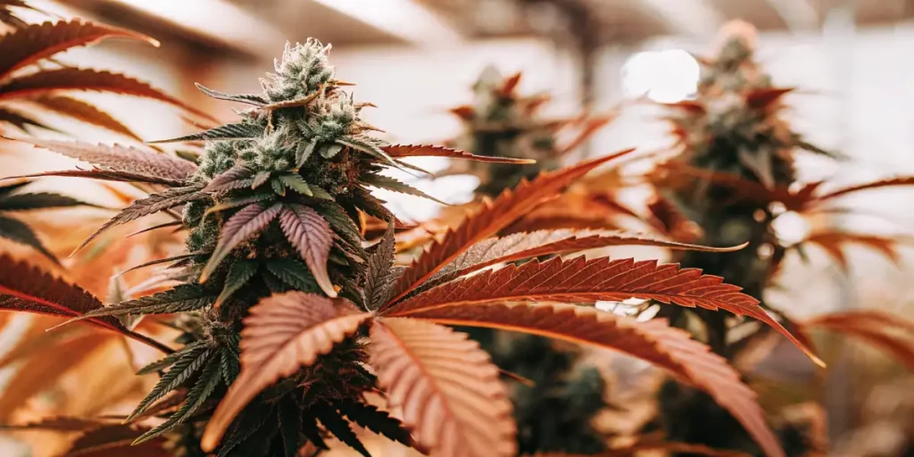 Cannabis buds with frosty trichomes and red-tinged leaves under controlled lighting.