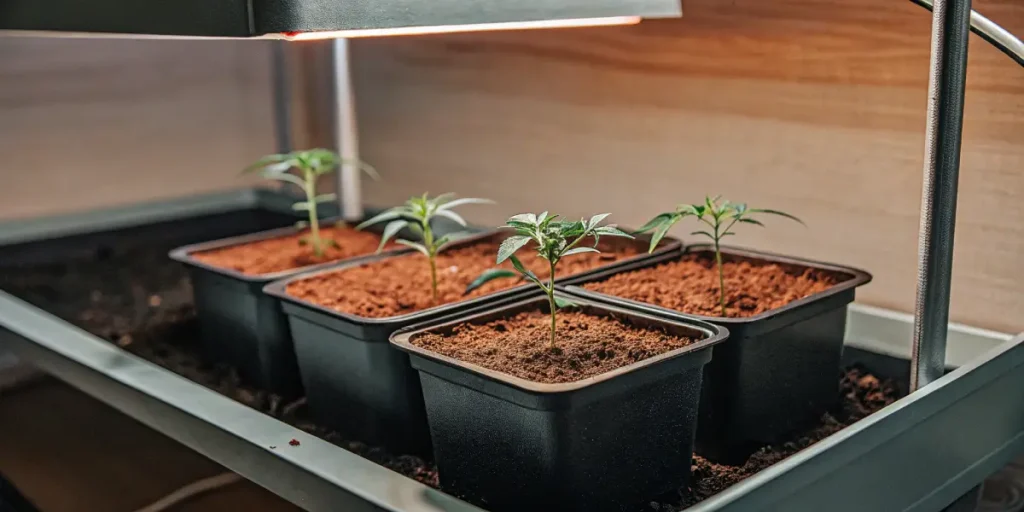 Hyper-realistic infographic showing young cannabis clones in black square pots, under a warm overhead grow light.
