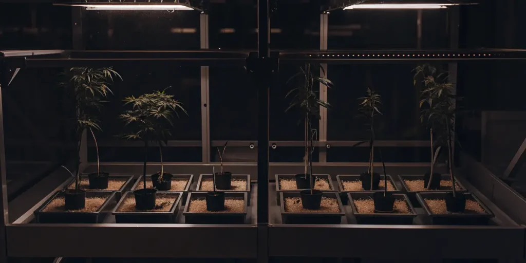 Hyper-realistic infographic showing cannabis clones in black pots on a multi-tiered rack, illuminated by overhead grow lights in a dark room.
