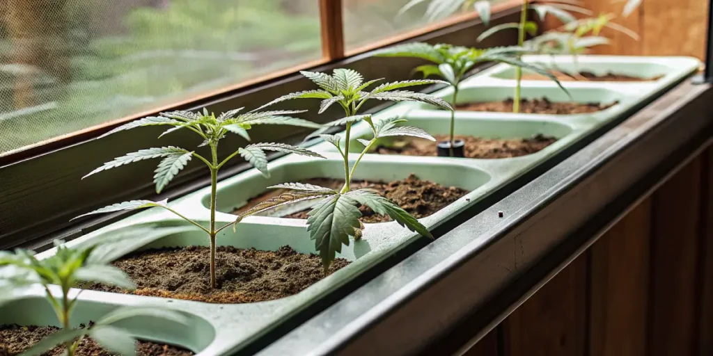 Hyper-realistic infographic showing cannabis clone seedlings thriving in light green trays near a window, suggesting initial growth.