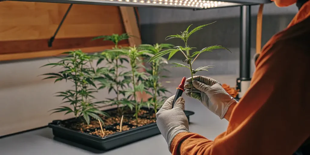 Hyper-realistic indoor cannabis cultivation scene: gloved hands trimming a cannabis clone under bright lights, with other plants in a tray.