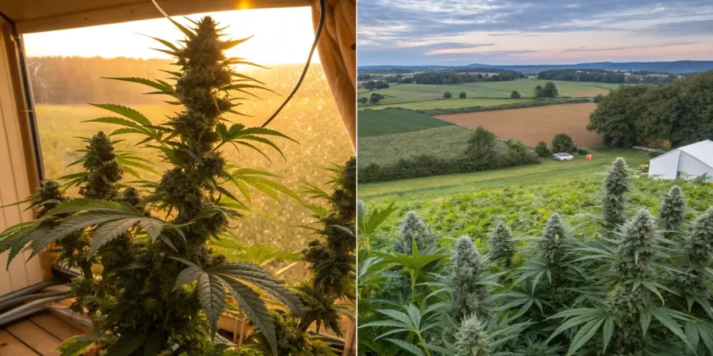 Split illustration: close-up of cannabis plants in a sunlit greenhouse (left), and a panoramic view of an outdoor cannabis field with a white tent in a rural landscape (right).