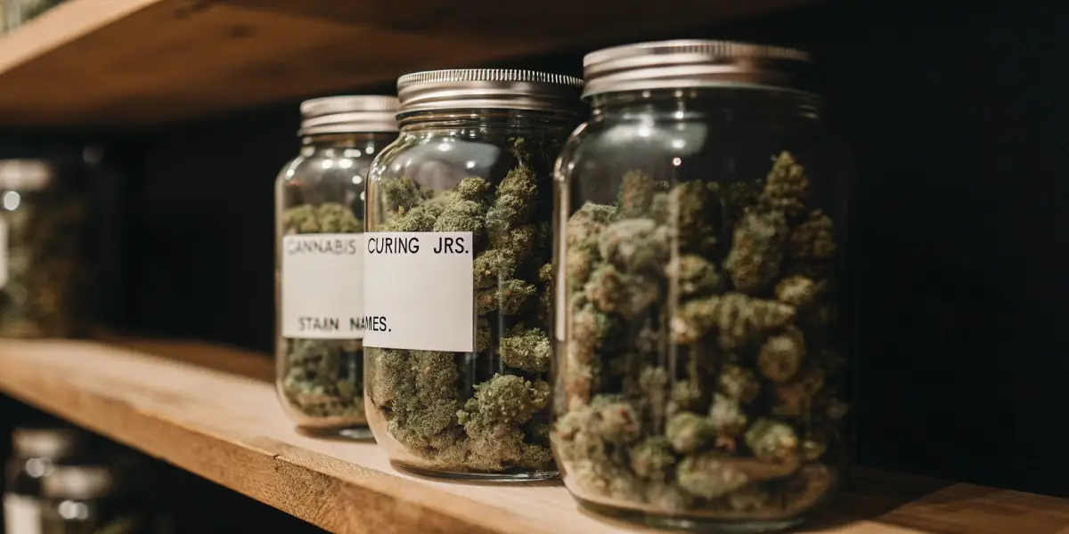 Three glass jars filled with cannabis buds on a wooden shelf, with labels "CANNABIS CURING JRS." and "STAIN NAMES."