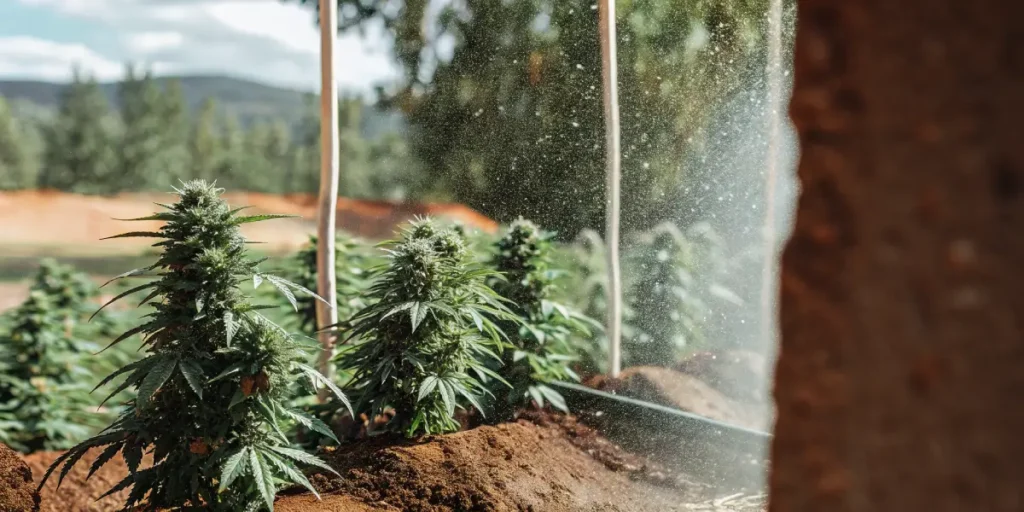 Hyper-realistic outdoor scene of cannabis cultivation: prominent plants in rows being misted, with distant trees and hills.