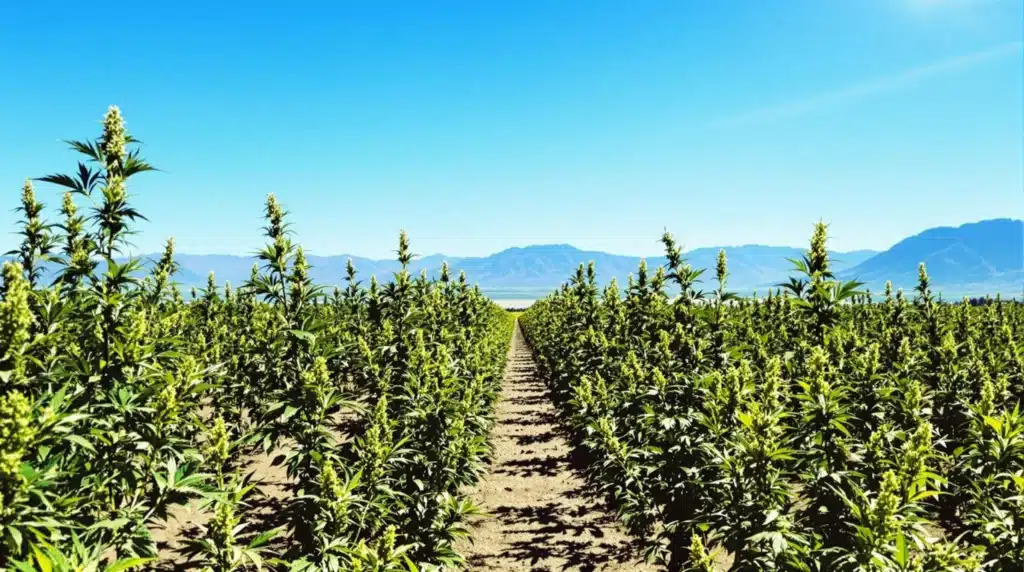 A field of growing cannabis plants under a clear sky, highlighting sativa autoflowers in their natural environment.