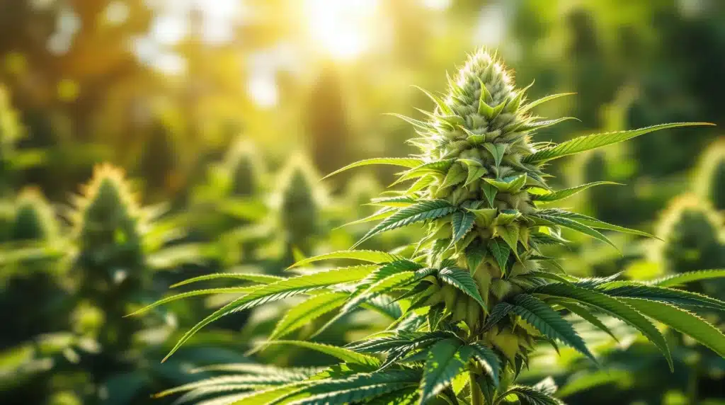 A healthy cannabis plant growing in a field under sunlight, showcasing the cannabis flower with high THCA content.