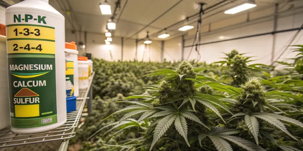 Cannabis plants under grow lights next to a bottle of MFK nutrients and small black bottles.