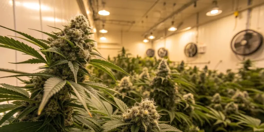 Hyper-realistic close-up of flowering cannabis plants with dense, frosty buds in a large indoor grow room with numerous overhead lights and fans.