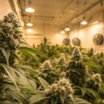 Hyper-realistic close-up of flowering cannabis plants with dense, frosty buds in a large indoor grow room with numerous overhead lights and fans.