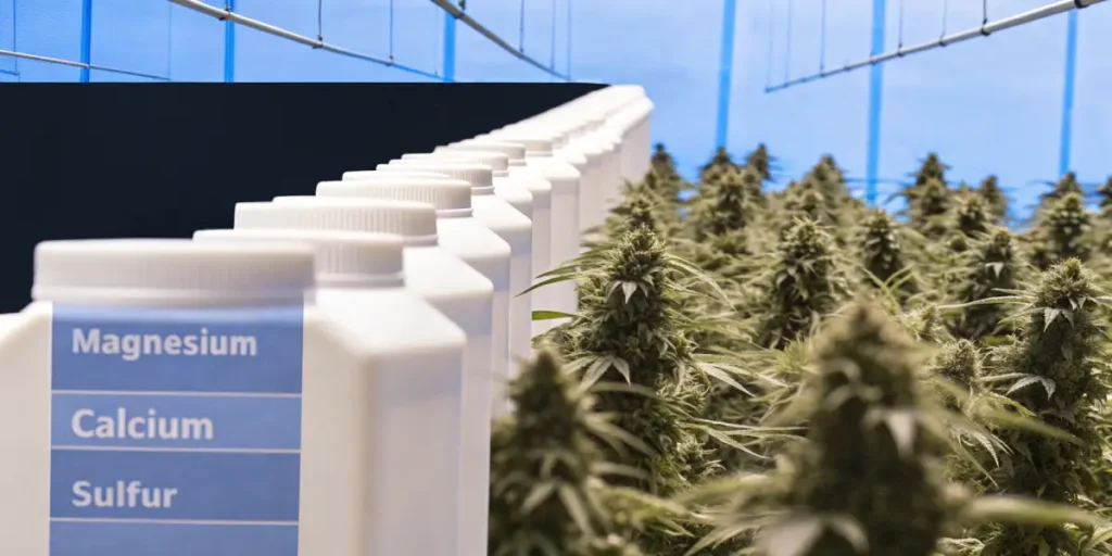 Rows of white nutrient bottles for Magnesium, Calcium, Sulfur, with blurred cannabis plants and blue ceiling.