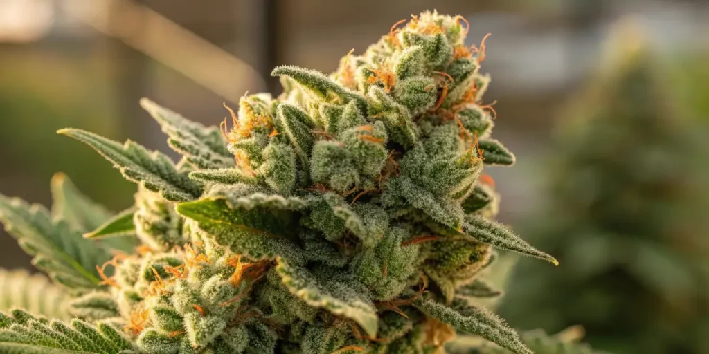A close-up of cannabis buds growing in a well-lit environment, showing fine white trichomes and orange pistils on green leaves.