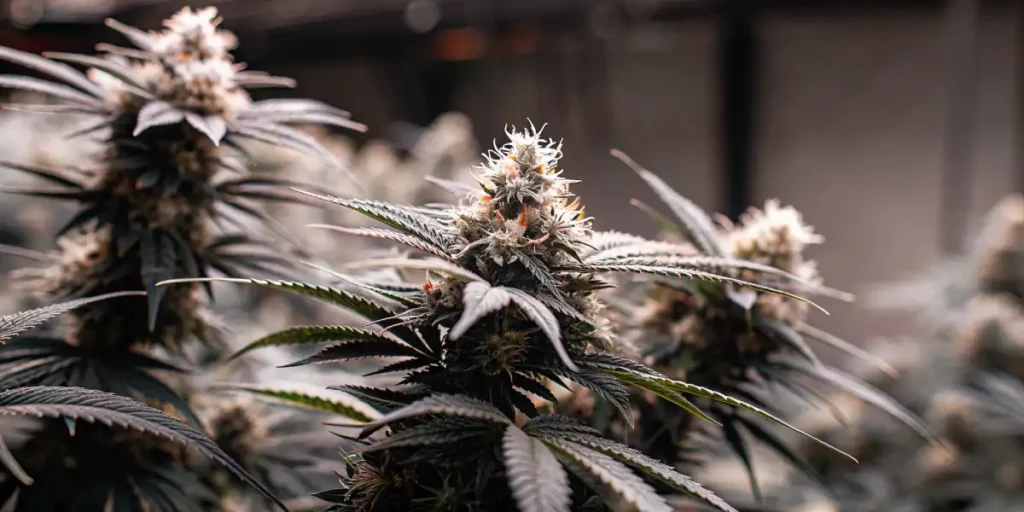 Close-up of a cannabis plant under bright grow lights, with resin-coated buds and vibrant green leaves.