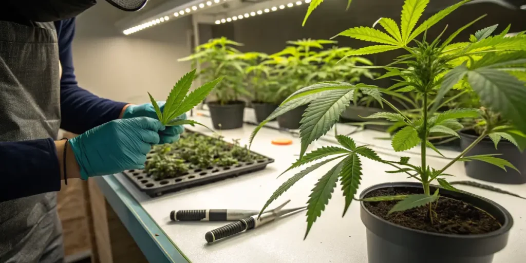 Hyper-realistic indoor cannabis cultivation scene: gloved hands pruning a cannabis leaf from a potted plant, with trimming tools on a table, and other plants in the background under bright lights.