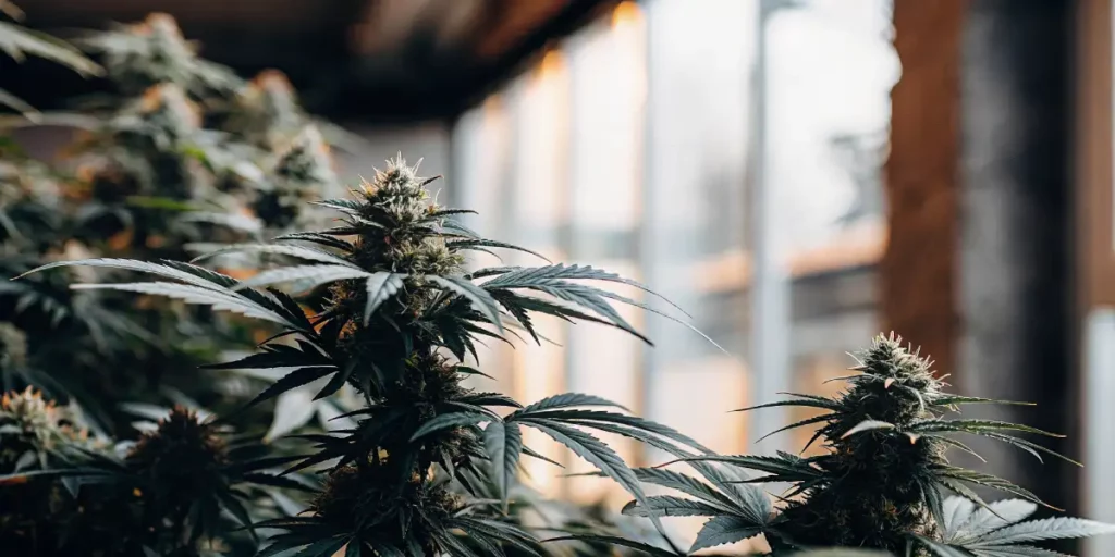 A cannabis plant growing indoors near a window, bathed in natural sunlight, showing dense buds and green leaves.